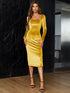 Elegant Wine Velvet Midi Party Dress for Women with Long Sleeves and Square Collar
